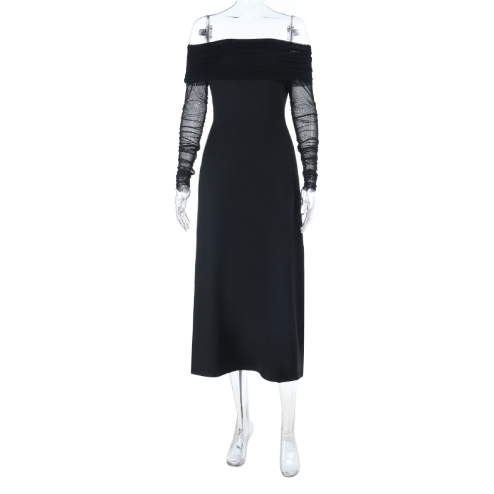 Off-the-Shoulder Sexy Backless Long Sleeve Black Dress 