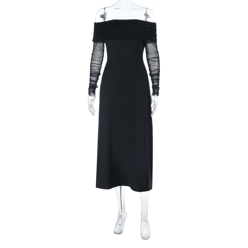 Off-the-Shoulder Sexy Backless Long Sleeve Black Dress 