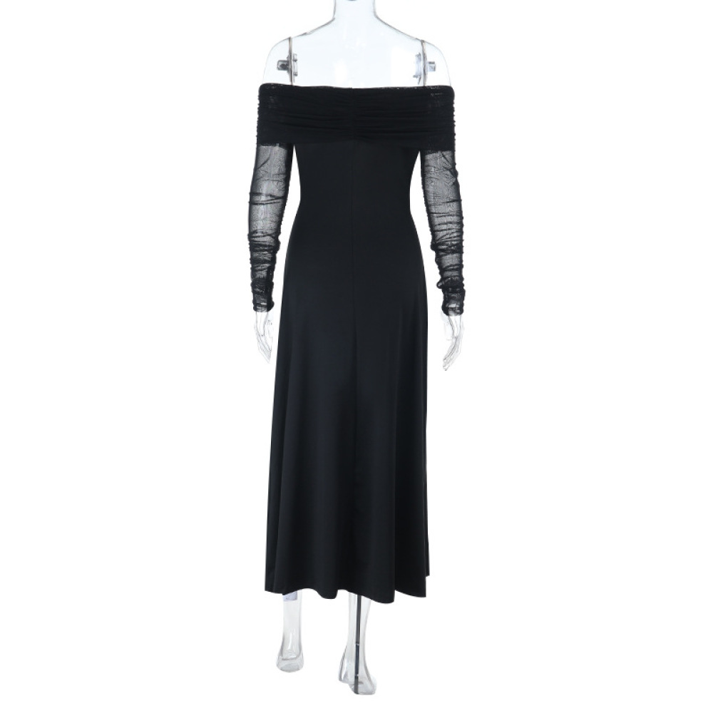 Off-the-Shoulder Sexy Backless Long Sleeve Black Dress 