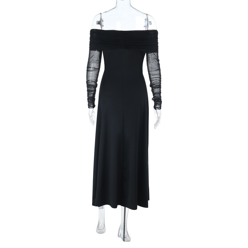 Off-the-Shoulder Sexy Backless Long Sleeve Black Dress 