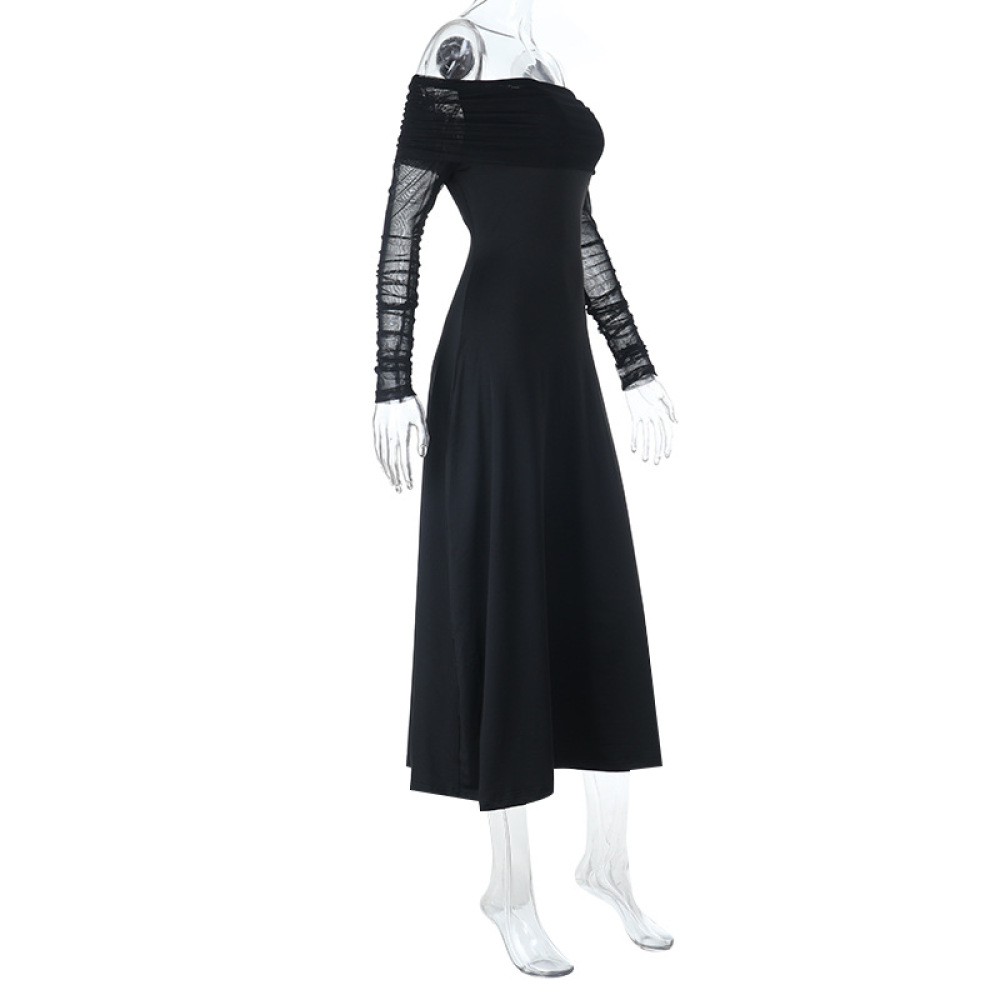 Off-the-Shoulder Sexy Backless Long Sleeve Black Dress 