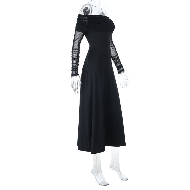Off-the-Shoulder Sexy Backless Long Sleeve Black Dress 