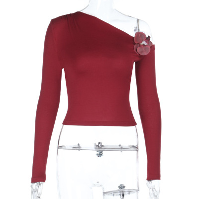 Vintage Burgundy Rose Print Off-Shoulder Crop Top 01