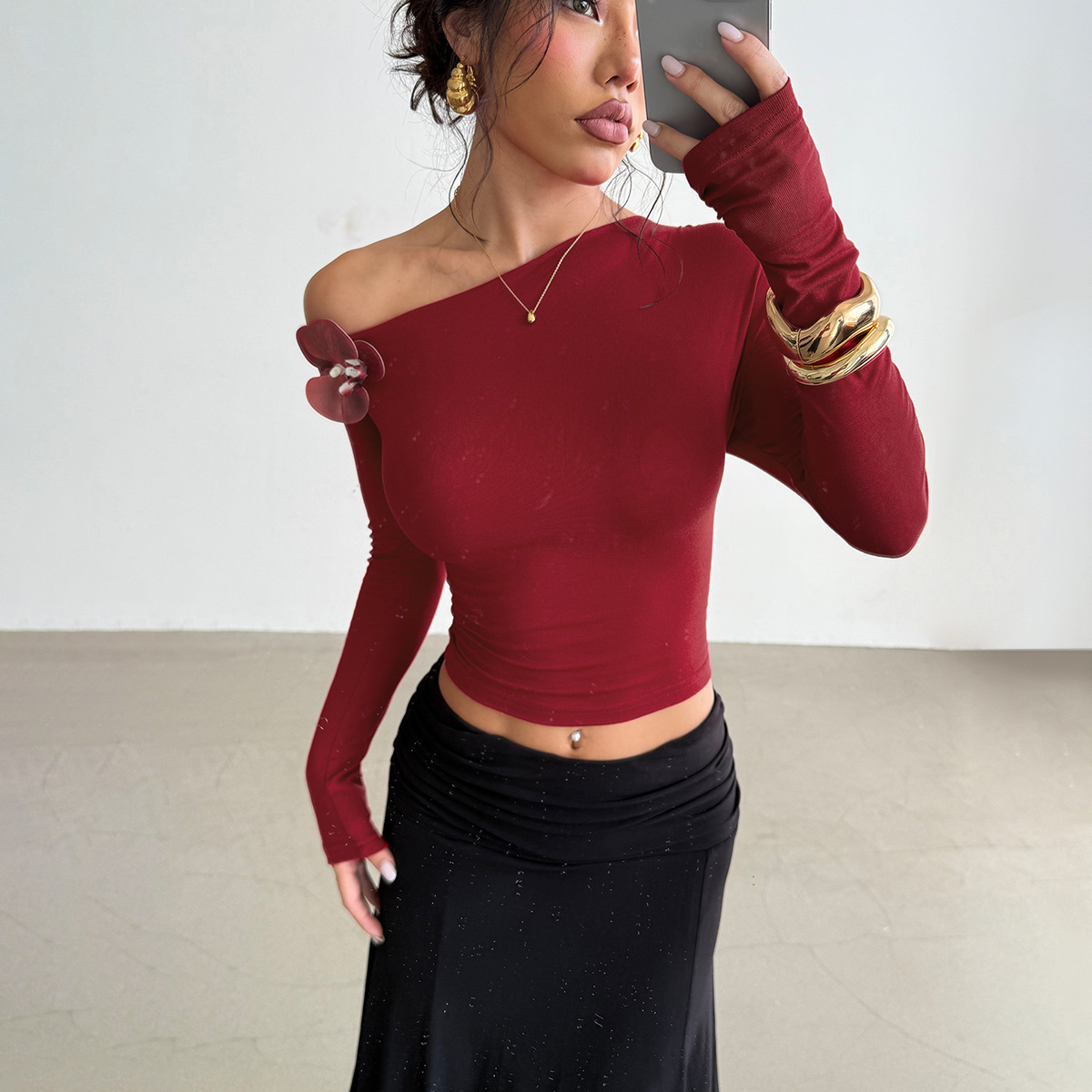 Vintage Burgundy Rose Print Off-Shoulder Crop Top