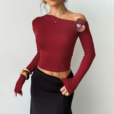 Vintage Burgundy Rose Print Off-Shoulder Crop Top 02