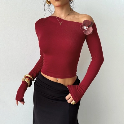 Vintage Burgundy Rose Print Off-Shoulder Crop Top 02
