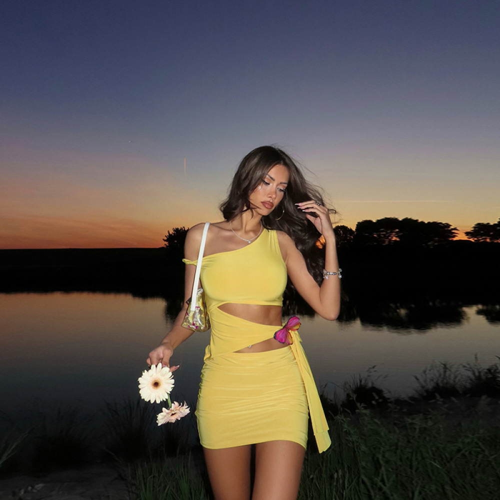 Off-Shoulder Cutout Lace-Up Bow Detail Dress