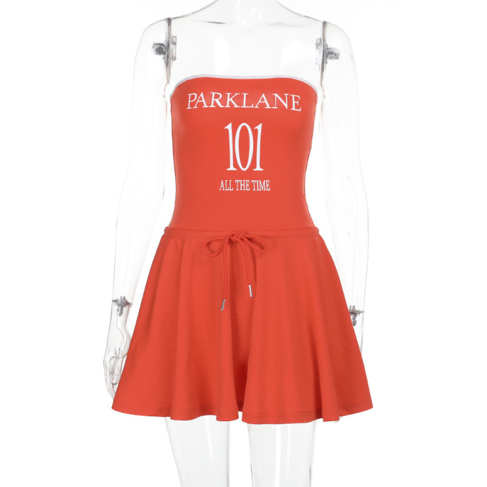 2025 Summer New Women's Letter Print Tube Top Tie Mini Dress