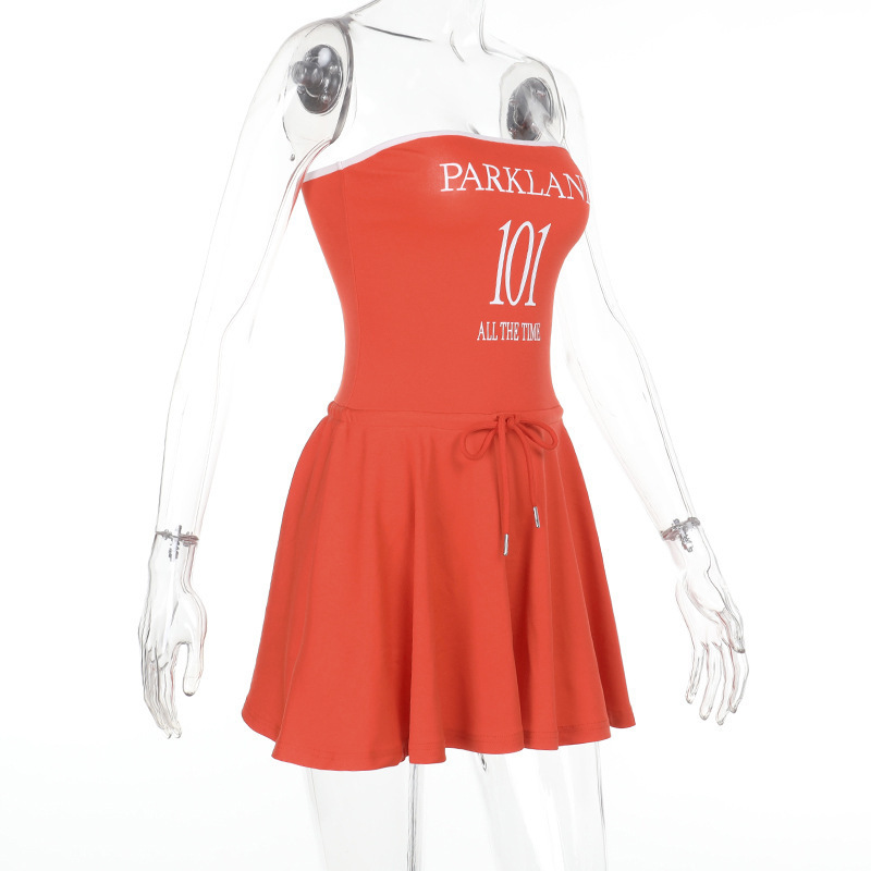 2025 Summer New Women's Letter Print Tube Top Tie Mini Dress
