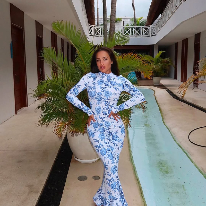 Semi-Turtleneck Long Sleeve Printed Mermaid Dress for Women