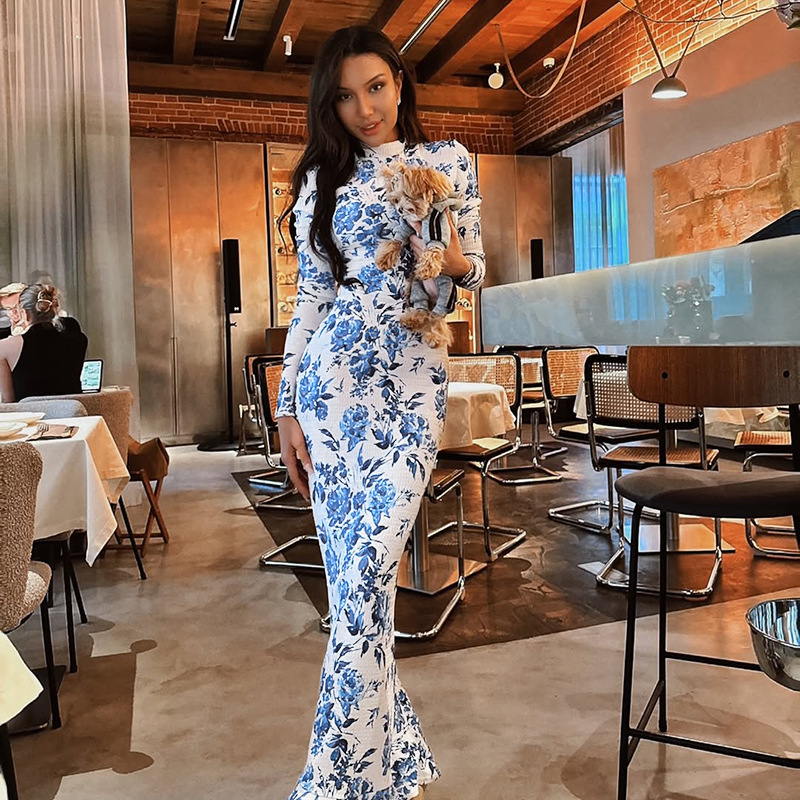 Semi-Turtleneck Long Sleeve Printed Mermaid Dress for Women