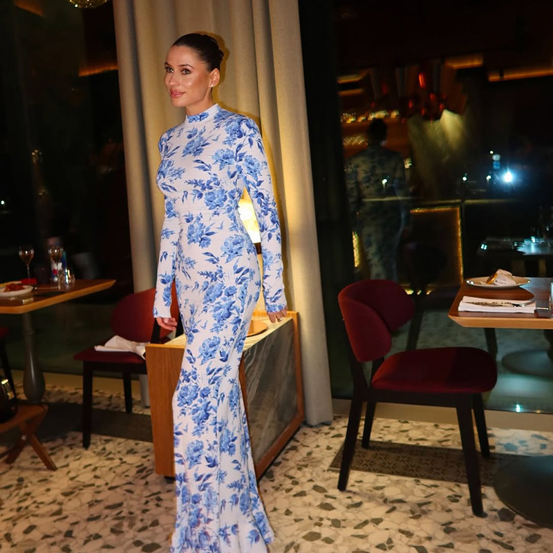 Semi-Turtleneck Long Sleeve Printed Mermaid Dress for Women