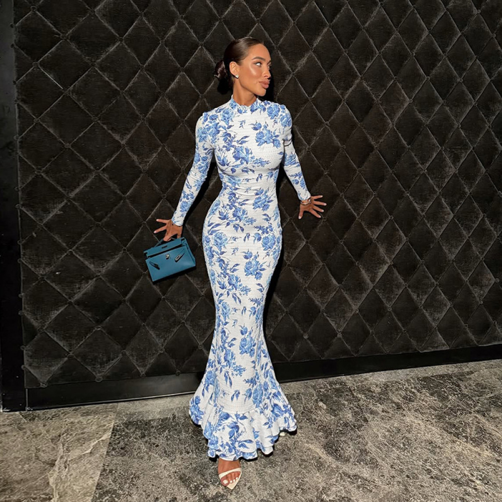 Semi-Turtleneck Long Sleeve Printed Mermaid Dress for Women