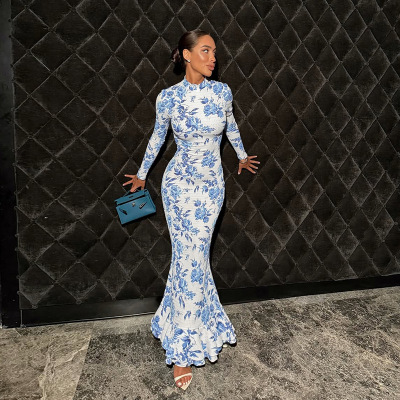 Semi-Turtleneck Long Sleeve Printed Mermaid Dress for Women 02