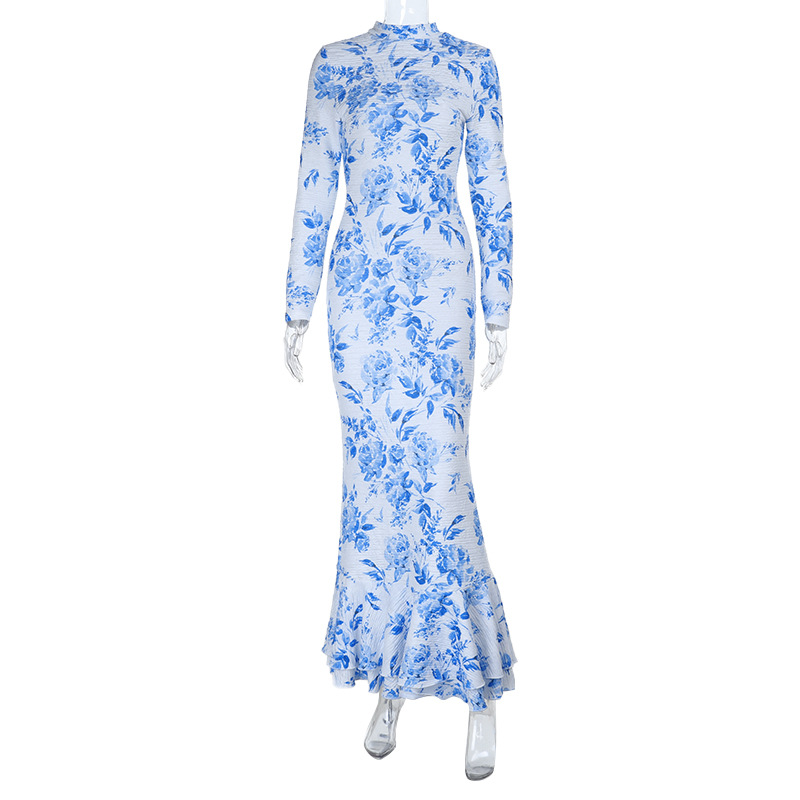 Semi-Turtleneck Long Sleeve Printed Mermaid Dress for Women