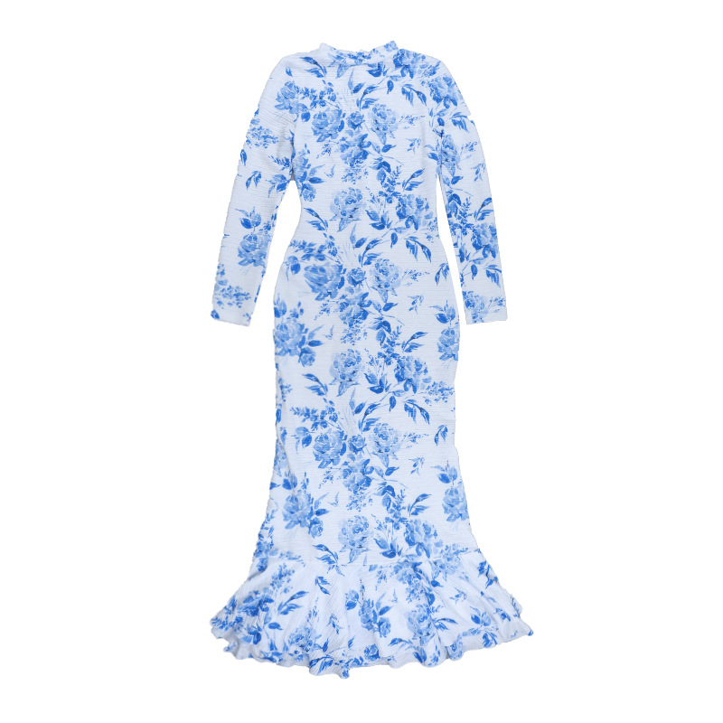 Semi-Turtleneck Long Sleeve Printed Mermaid Dress for Women