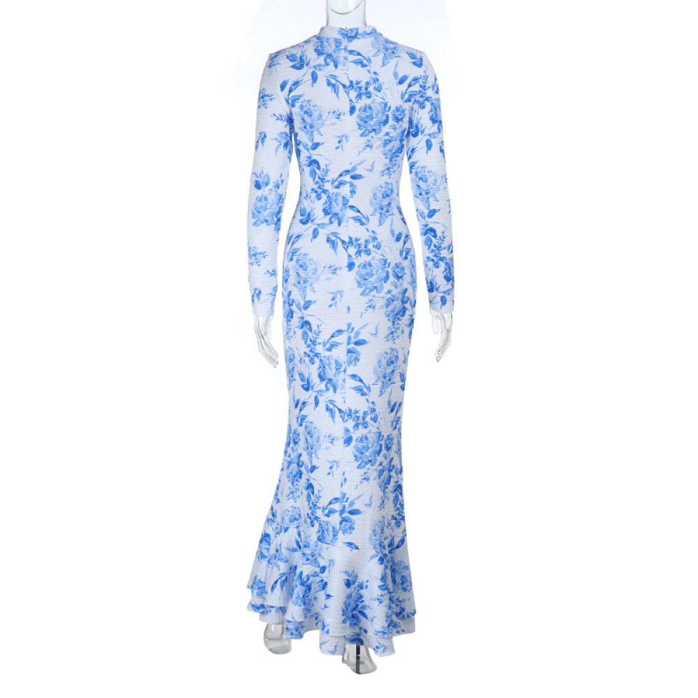 Semi-Turtleneck Long Sleeve Printed Mermaid Dress for Women
