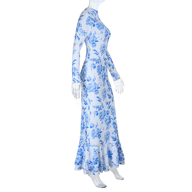 Semi-Turtleneck Long Sleeve Printed Mermaid Dress for Women