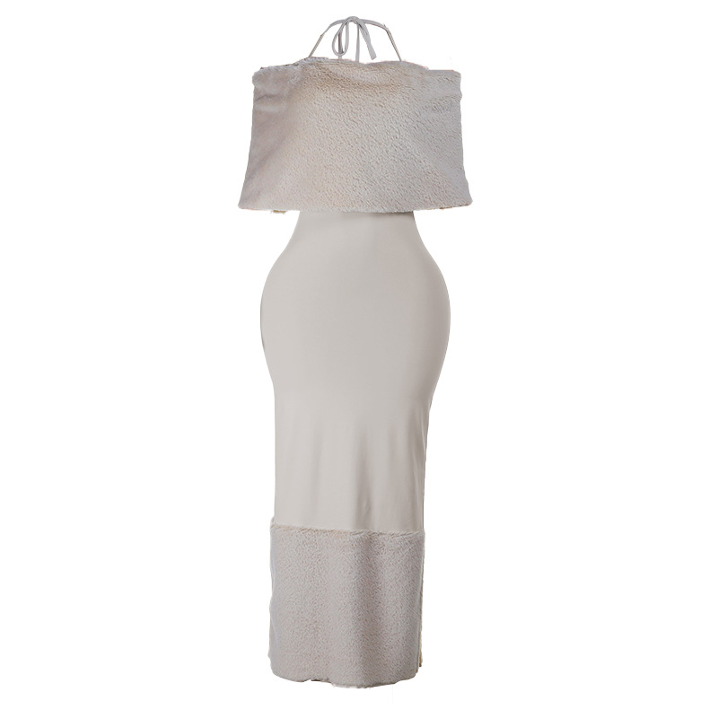 Vacation One-Shoulder Lace-Up Tube Top Faux Fur Trim Patchwork Dress