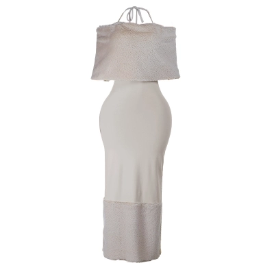 Vacation One-Shoulder Lace-Up Tube Top Faux Fur Trim Patchwork Dress 01