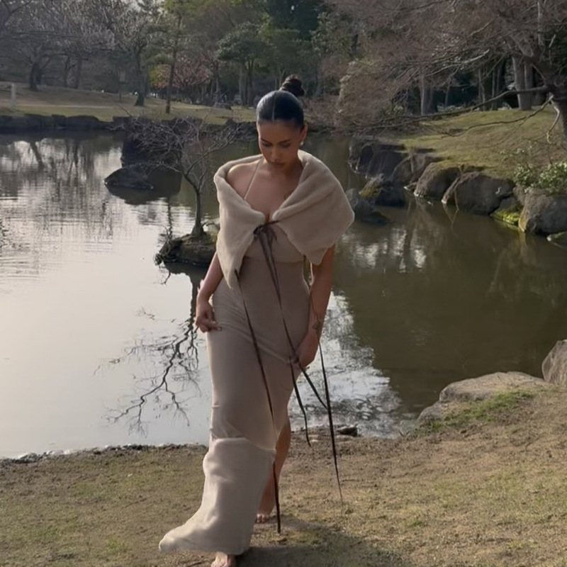 Vacation One-Shoulder Lace-Up Tube Top Faux Fur Trim Patchwork Dress