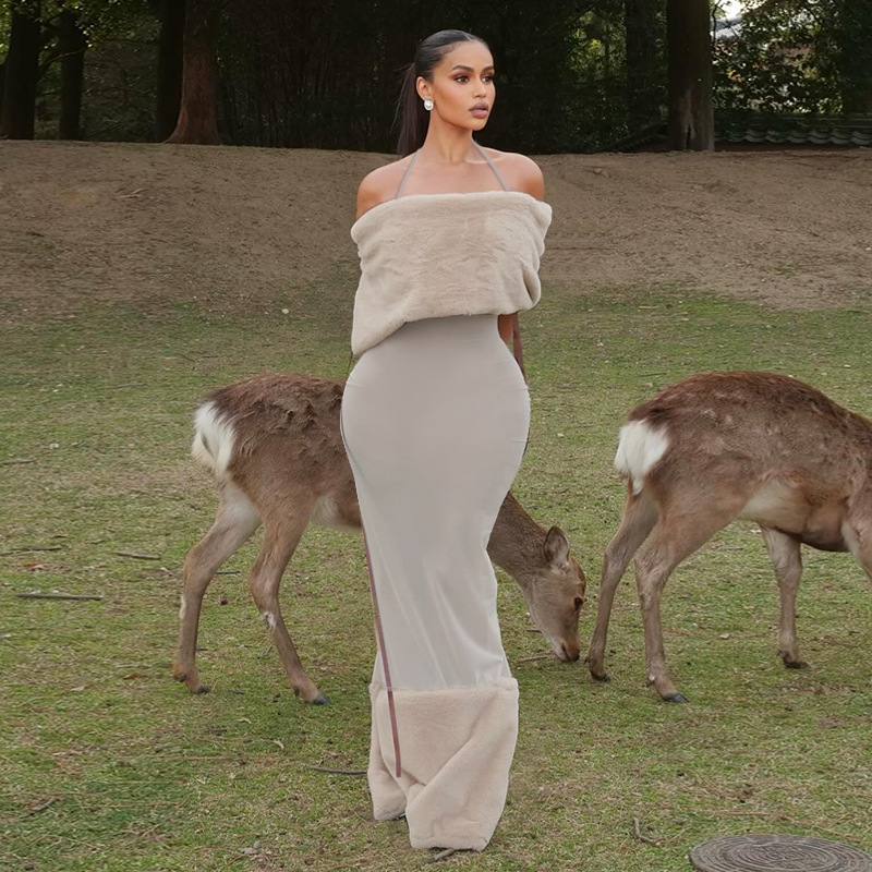 Vacation One-Shoulder Lace-Up Tube Top Faux Fur Trim Patchwork Dress