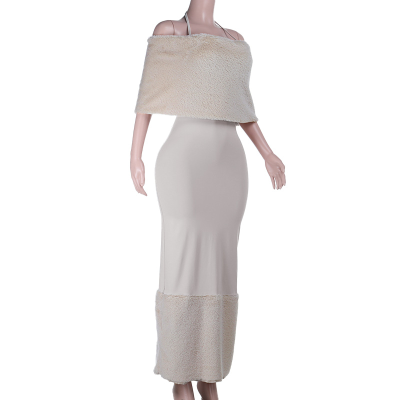 Vacation One-Shoulder Lace-Up Tube Top Faux Fur Trim Patchwork Dress