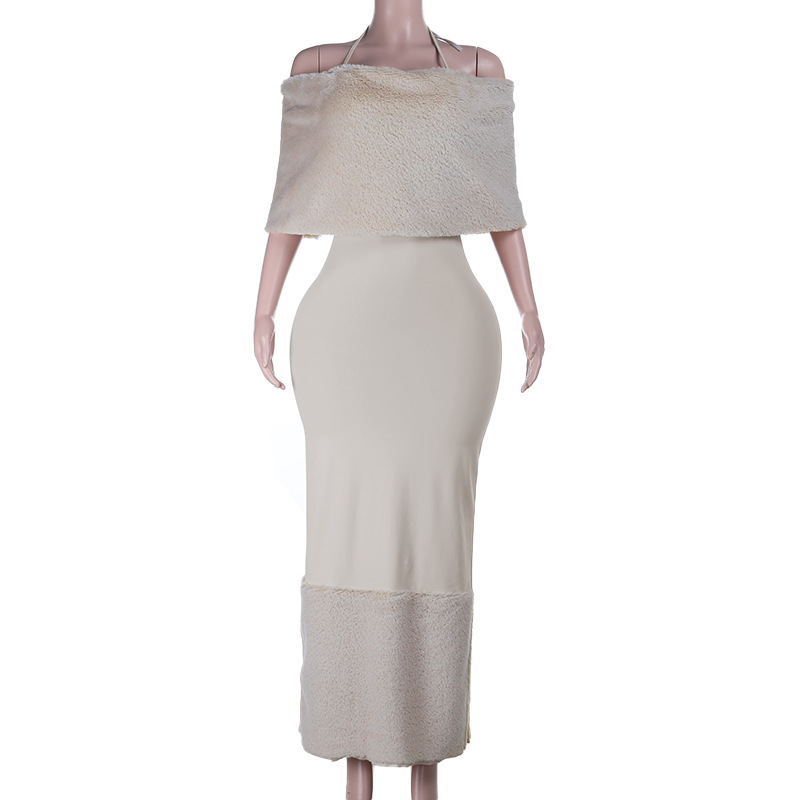 Vacation One-Shoulder Lace-Up Tube Top Faux Fur Trim Patchwork Dress