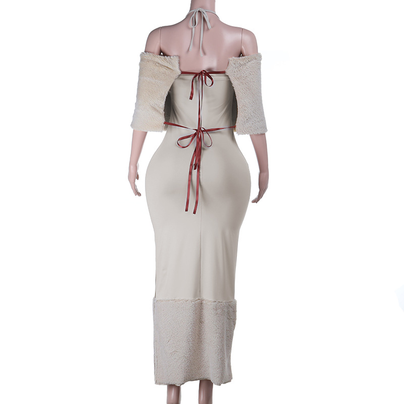 Vacation One-Shoulder Lace-Up Tube Top Faux Fur Trim Patchwork Dress