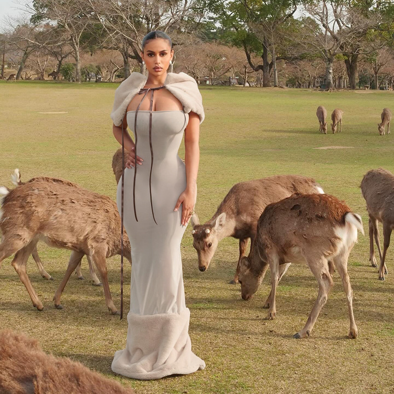 Vacation One-Shoulder Lace-Up Tube Top Faux Fur Trim Patchwork Dress