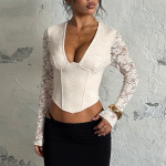Sexy Bust-Enhancing Sheer Lace Waist-Cinching Long Sleeve Top 