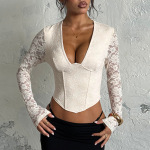 Sexy Bust-Enhancing Sheer Lace Waist-Cinching Long Sleeve Top 