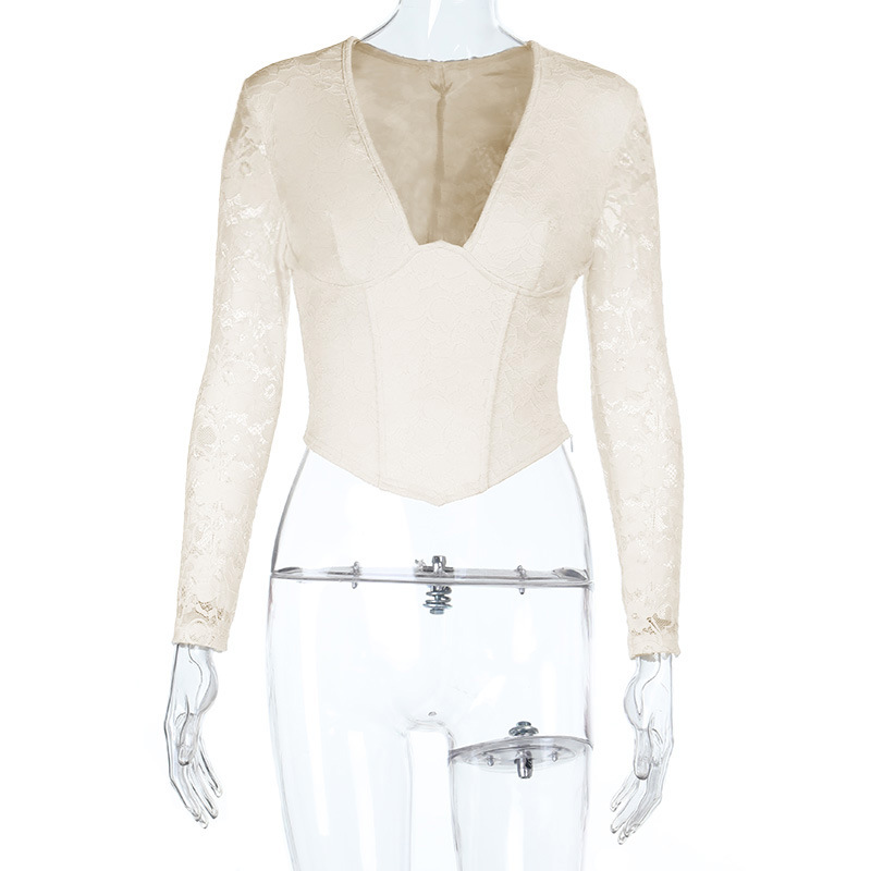 Sexy Bust-Enhancing Sheer Lace Waist-Cinching Long Sleeve Top 