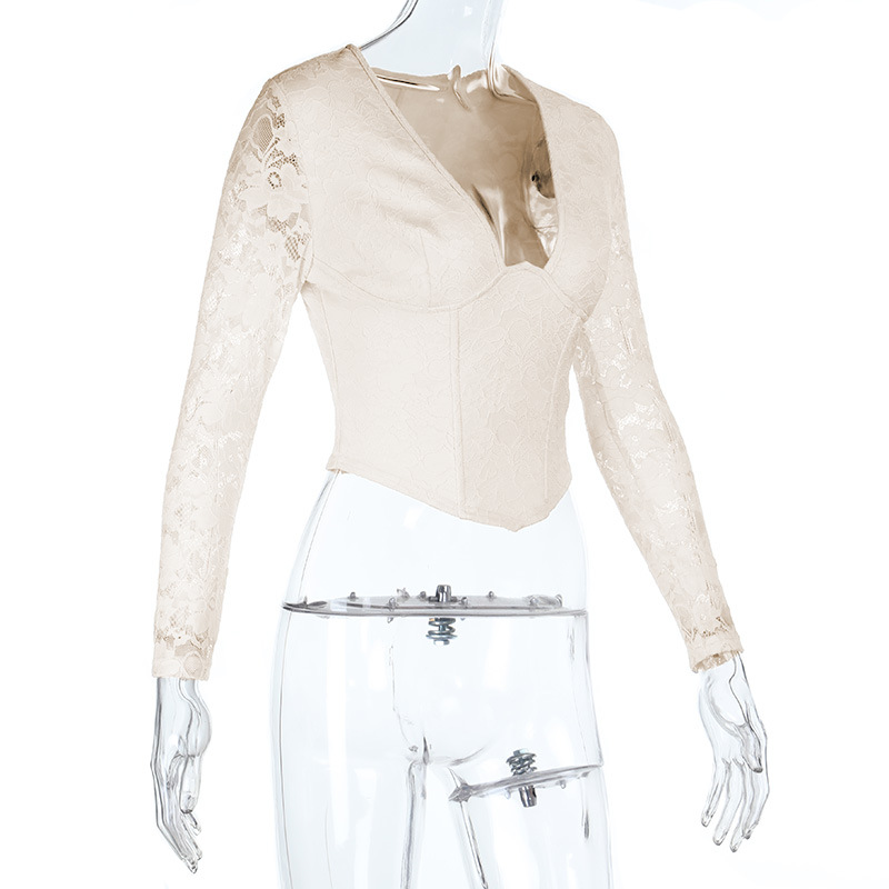 Sexy Bust-Enhancing Sheer Lace Waist-Cinching Long Sleeve Top 