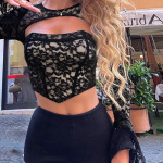Pure-Yet-Sexy Asymmetrical Off-Shoulder Long Sleeve Lace Cutout Waist-Cinching Top