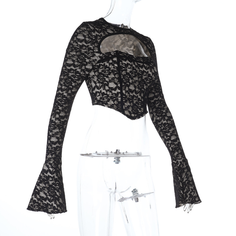 Pure-Yet-Sexy Asymmetrical Off-Shoulder Long Sleeve Lace Cutout Waist-Cinching Top