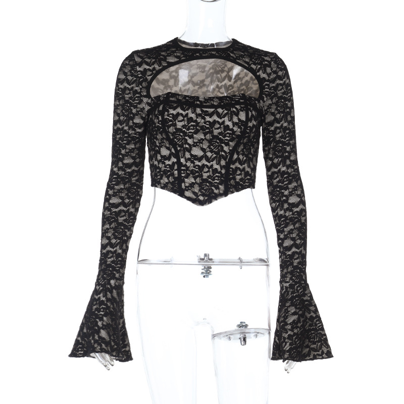 Pure-Yet-Sexy Asymmetrical Off-Shoulder Long Sleeve Lace Cutout Waist-Cinching Top