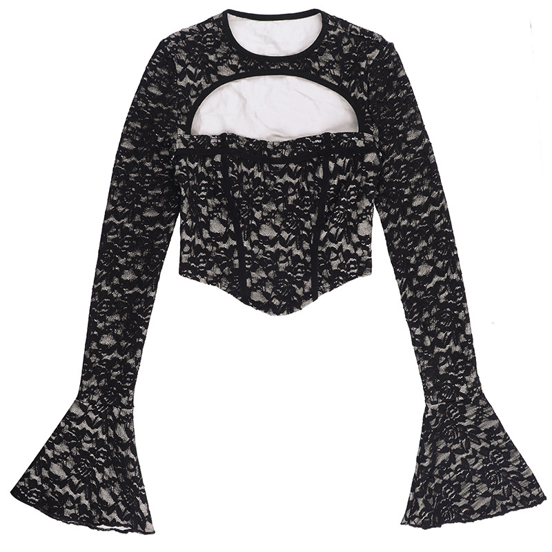 Pure-Yet-Sexy Asymmetrical Off-Shoulder Long Sleeve Lace Cutout Waist-Cinching Top