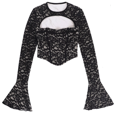 Pure-Yet-Sexy Asymmetrical Off-Shoulder Long Sleeve Lace Cutout Waist-Cinching Top 01