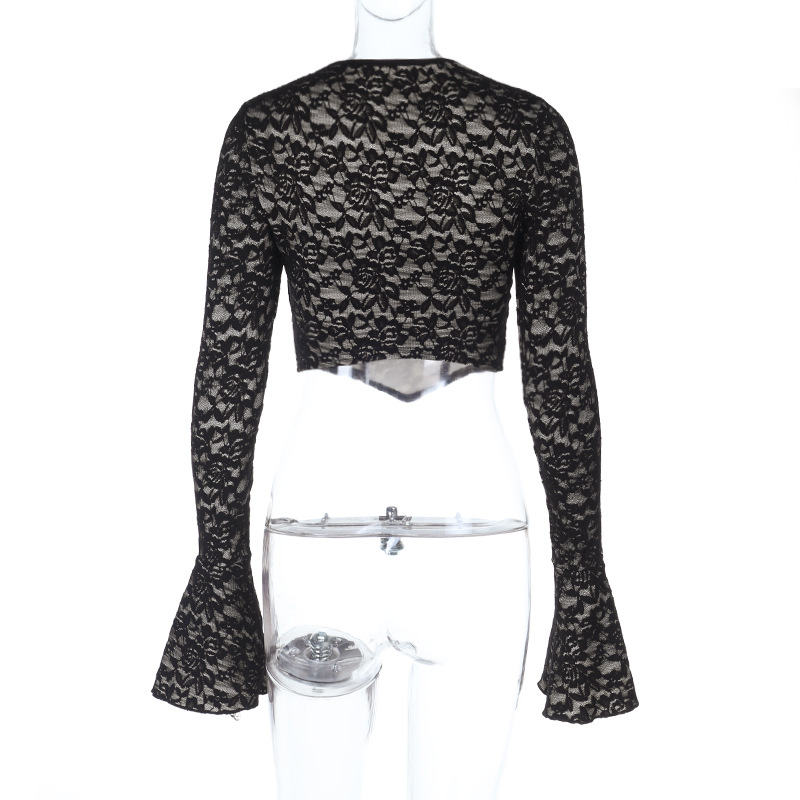 Pure-Yet-Sexy Asymmetrical Off-Shoulder Long Sleeve Lace Cutout Waist-Cinching Top
