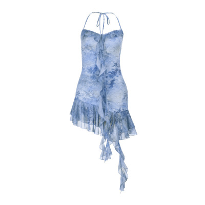 Sexy Hot Girl Printed Ruffled A-Line Halter Backless Mini Dress 01