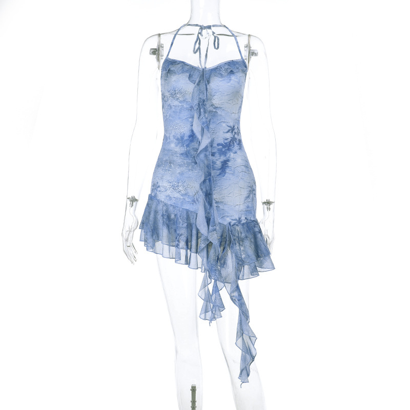 Sexy Hot Girl Printed Ruffled A-Line Halter Backless Mini Dress