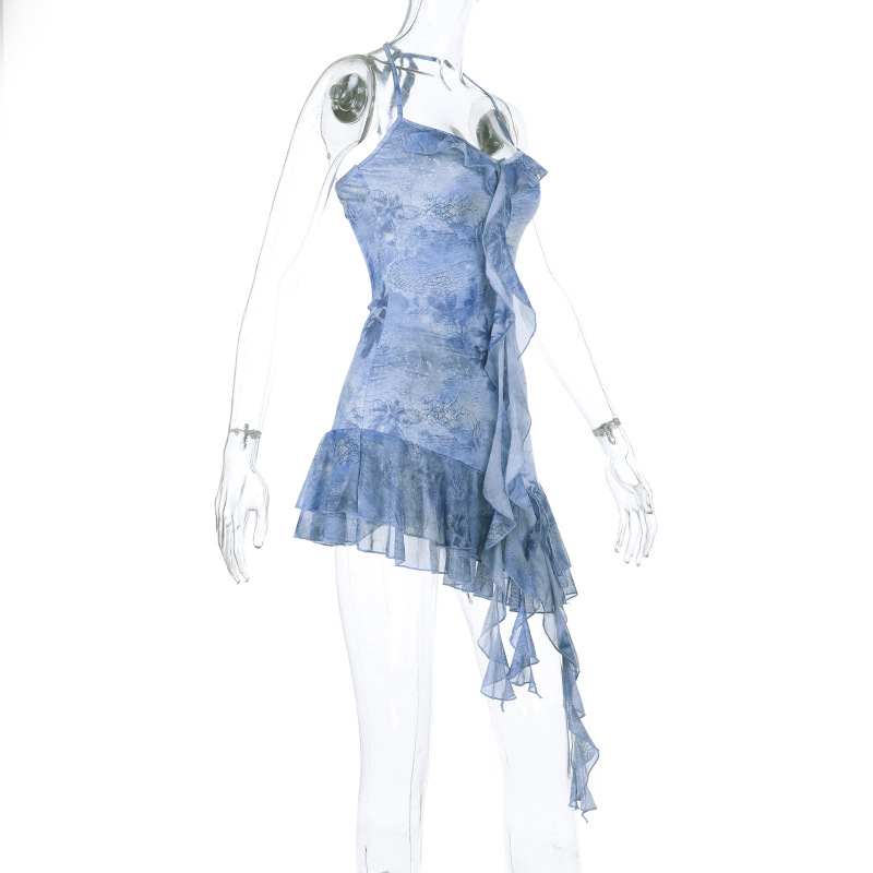 Sexy Hot Girl Printed Ruffled A-Line Halter Backless Mini Dress