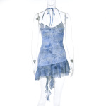 Sexy Hot Girl Printed Ruffled A-Line Halter Backless Mini Dress