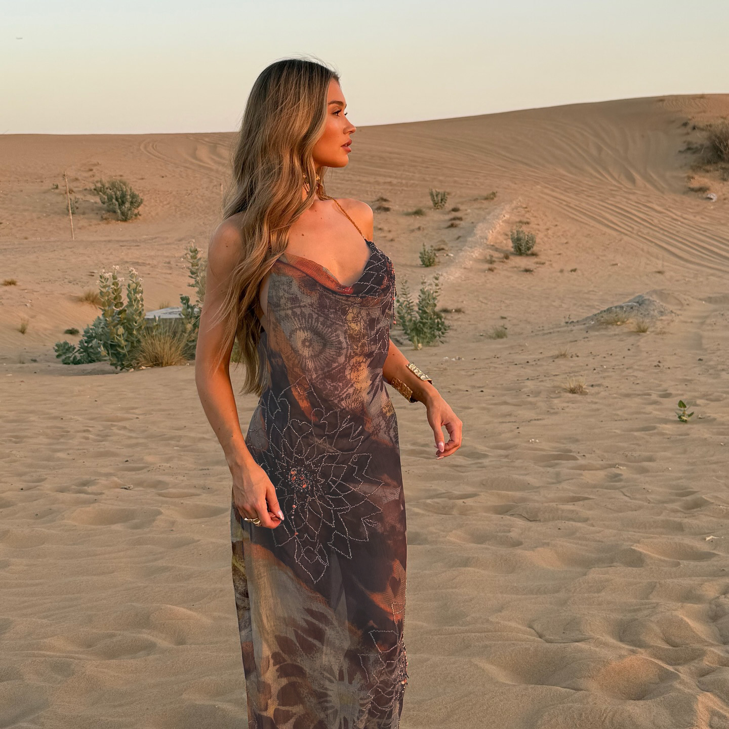 Spaghetti Strap Backless Printed Slit Maxi Dress