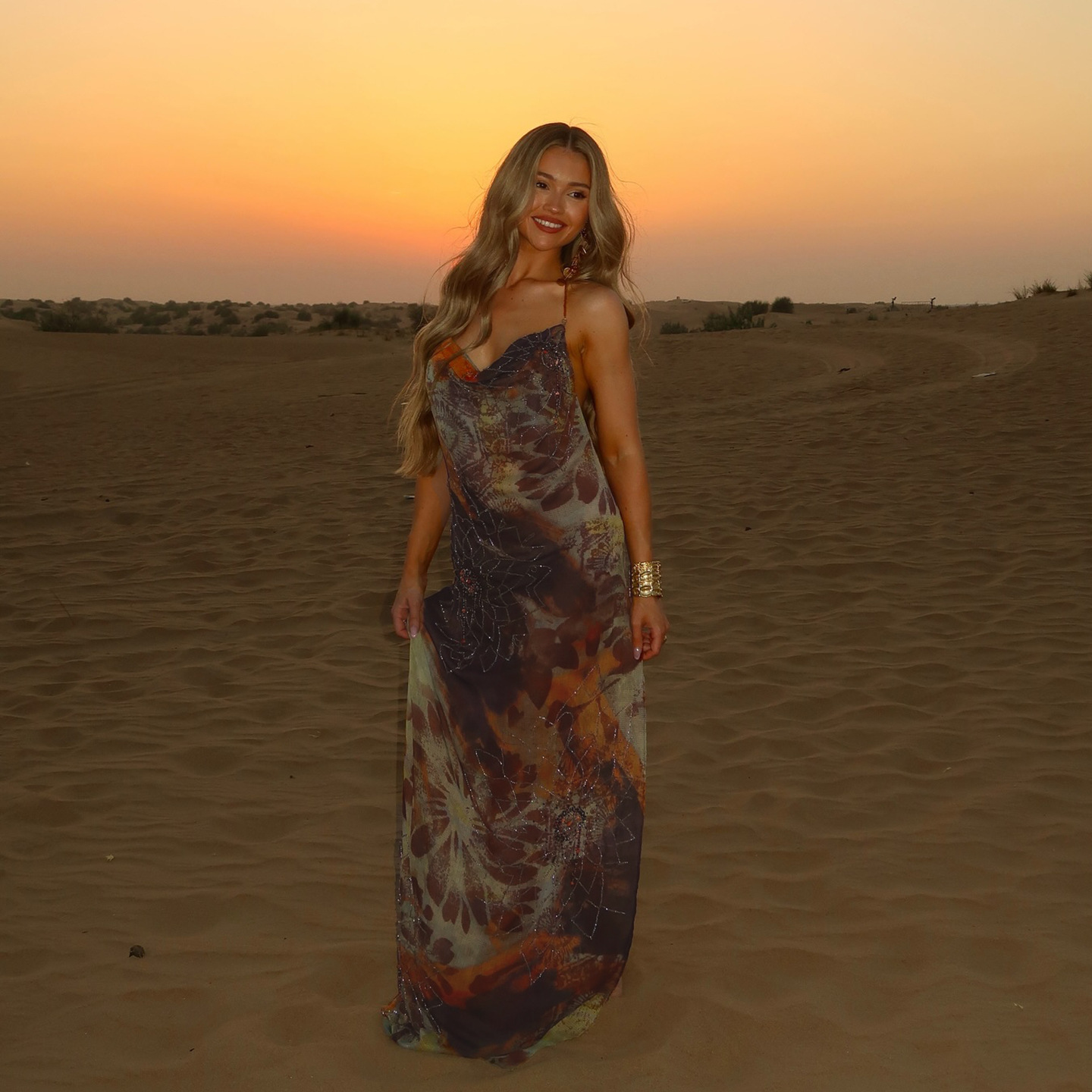 Spaghetti Strap Backless Printed Slit Maxi Dress