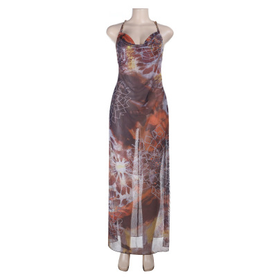 Spaghetti Strap Backless Printed Slit Maxi Dress 01