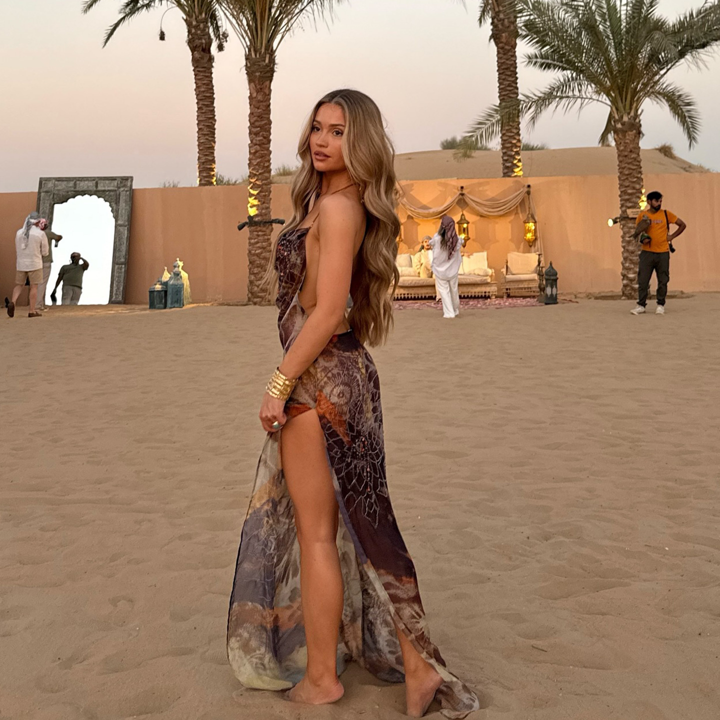 Spaghetti Strap Backless Printed Slit Maxi Dress