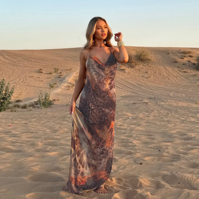 Spaghetti Strap Backless Printed Slit Maxi Dress 02
