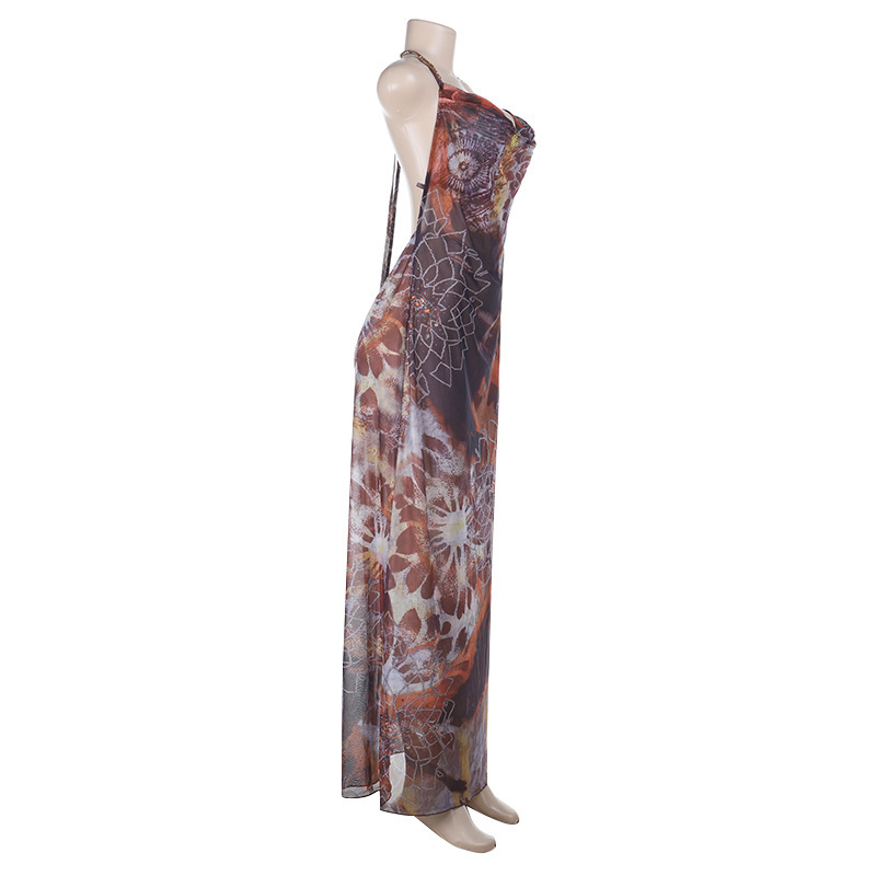 Spaghetti Strap Backless Printed Slit Maxi Dress
